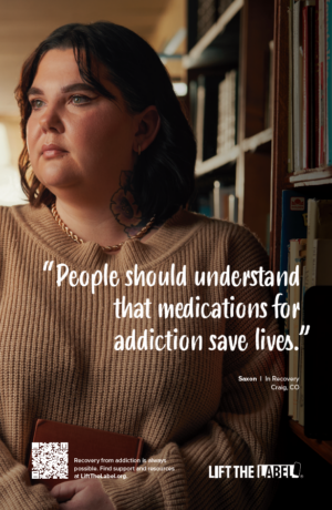 Woman holding a book. Image text reads, “People should understand that medications for addiction save lives.”